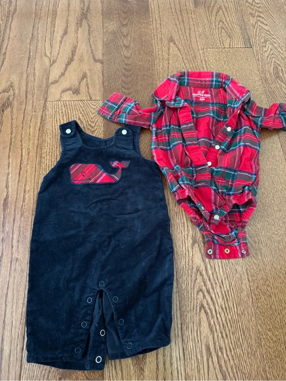 Vineyard Vines Navy Corduroy Romper with Red Plaid Bodysuit